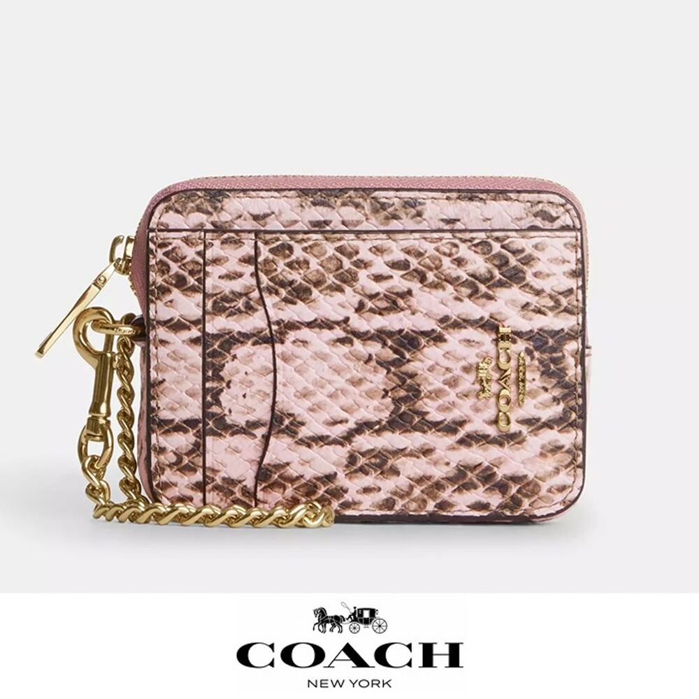 ❤️Coach Zip Card Case snake embossed leather/Gold/Pink
